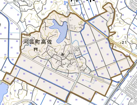 河芸町高佐とその周辺の地図。町の範囲を重ねている