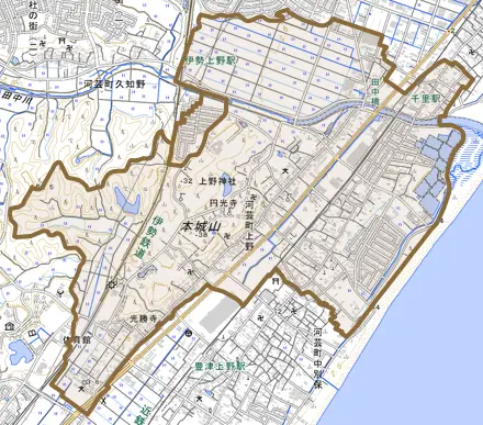 河芸町上野とその周辺の地図。町の範囲を重ねている