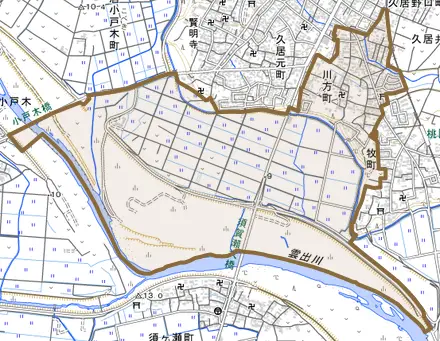 川方町とその周辺の地図。町の範囲を重ねている