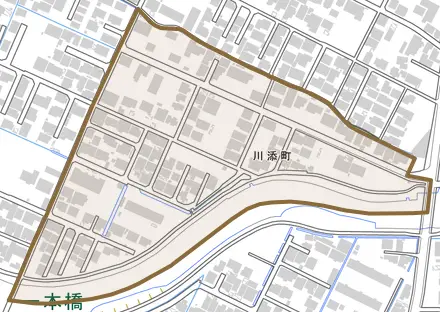 川添町とその周辺の地図。町の範囲を重ねている