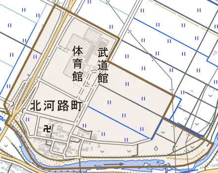 北河路町とその周辺の地図。町の範囲を重ねている