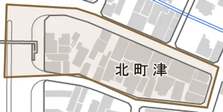 北町津とその周辺の地図。町の範囲を重ねている