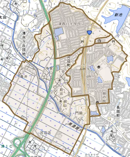 河辺町とその周辺の地図。町の範囲を重ねている