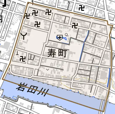 寿町とその周辺の地図。町の範囲を重ねている