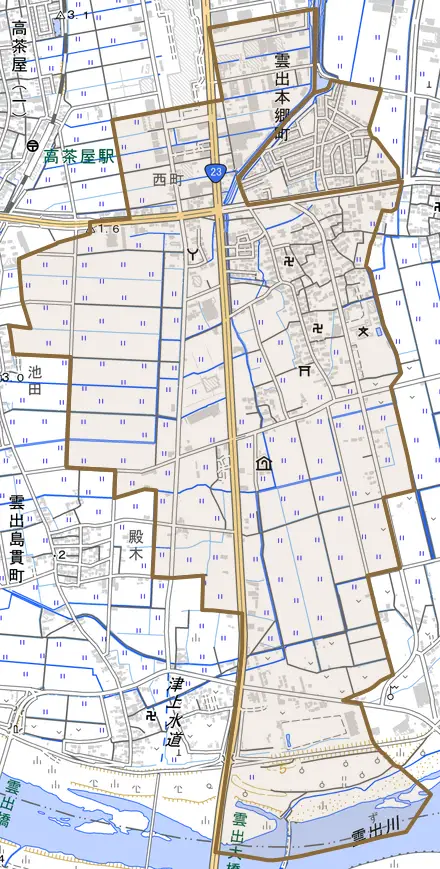 雲出本郷町とその周辺の地図。町の範囲を重ねている