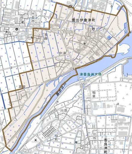 雲出伊倉津町とその周辺の地図。町の範囲を重ねている