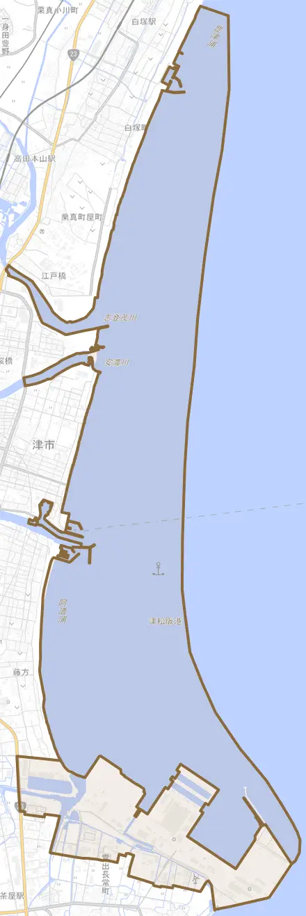 雲出鋼管町とその周辺の地図。町の範囲を重ねている