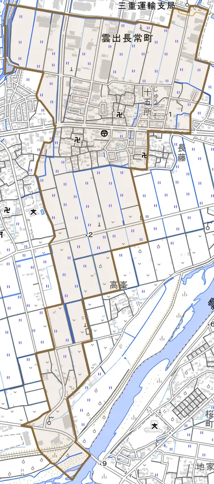 雲出長常町とその周辺の地図。町の範囲を重ねている