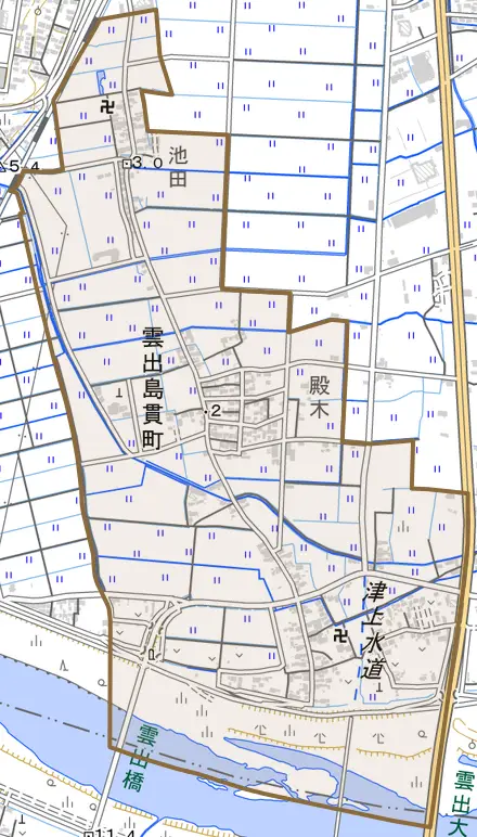 雲出島貫町とその周辺の地図。町の範囲を重ねている
