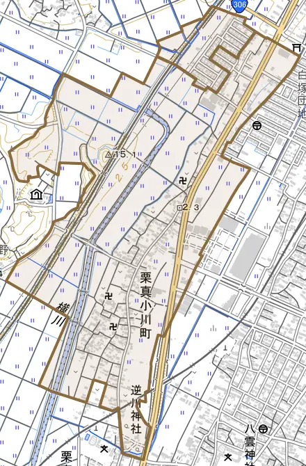 栗真小川町とその周辺の地図。町の範囲を重ねている