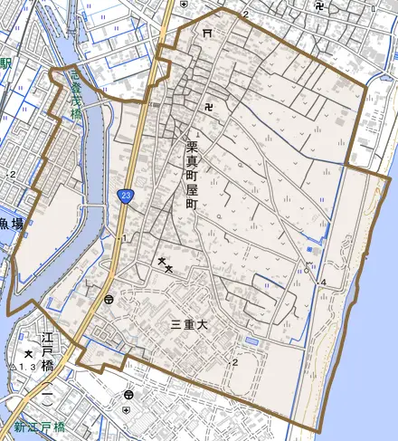 栗真町屋町とその周辺の地図。町の範囲を重ねている