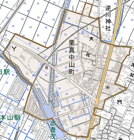 栗真中山町とその周辺の地図。町の範囲を重ねている