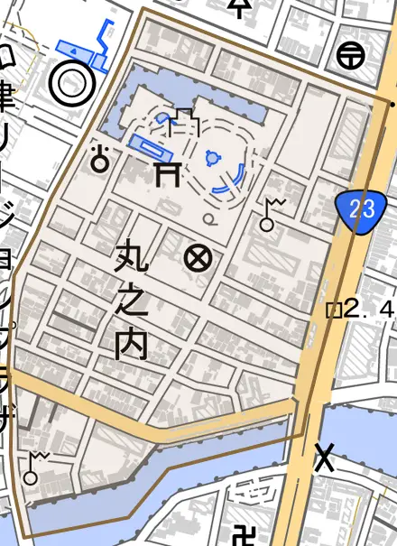 丸之内とその周辺の地図。町の範囲を重ねている
