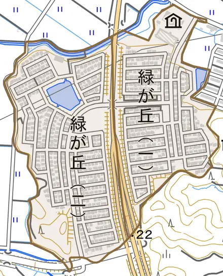 緑が丘とその周辺の地図。町の範囲を重ねている