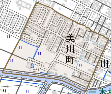 美川町とその周辺の地図。町の範囲を重ねている