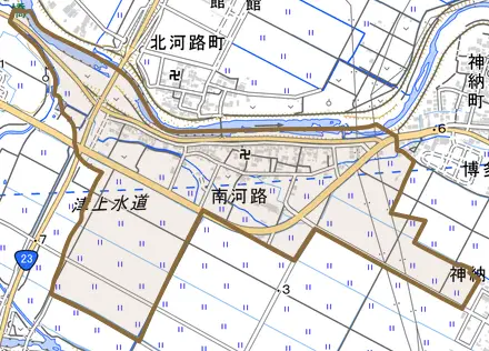 南河路とその周辺の地図。町の範囲を重ねている