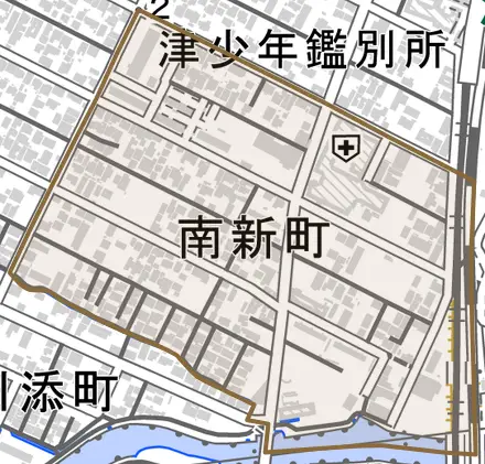 南新町とその周辺の地図。町の範囲を重ねている