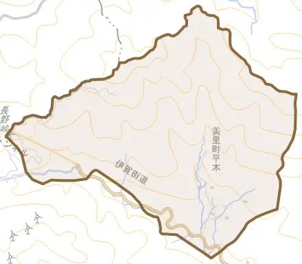 美里町平木とその周辺の地図。町の範囲を重ねている