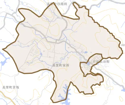 美里町家所とその周辺の地図。町の範囲を重ねている