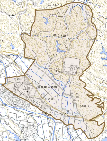 美里町五百野とその周辺の地図。町の範囲を重ねている