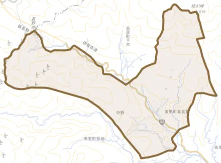 美里町北長野とその周辺の地図。町の範囲を重ねている