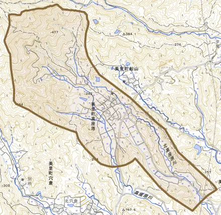 美里町高座原とその周辺の地図。町の範囲を重ねている