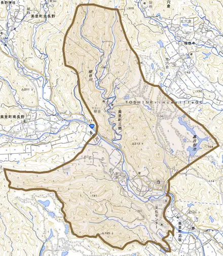 美里町三郷とその周辺の地図。町の範囲を重ねている