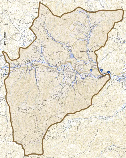 美杉町石名原とその周辺の地図。町の範囲を重ねている
