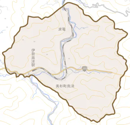 美杉町奥津とその周辺の地図。町の範囲を重ねている