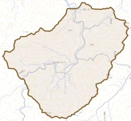 美杉町下之川とその周辺の地図。町の範囲を重ねている