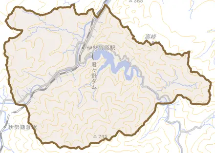 美杉町竹原とその周辺の地図。町の範囲を重ねている
