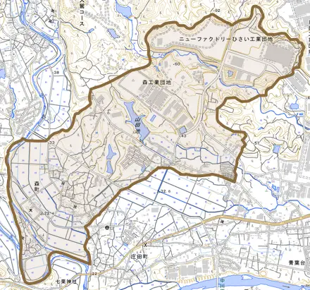 森町とその周辺の地図。町の範囲を重ねている