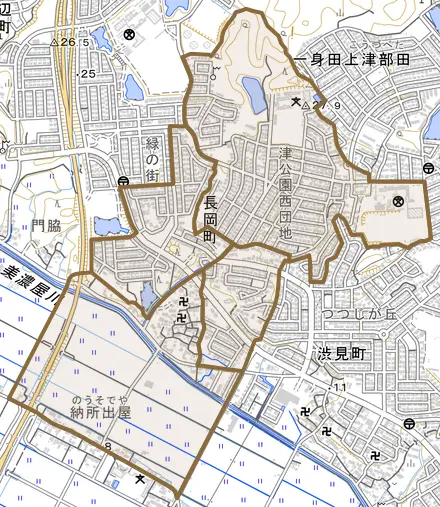 長岡町とその周辺の地図。町の範囲を重ねている