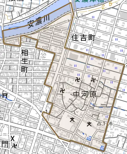 中河原とその周辺の地図。町の範囲を重ねている