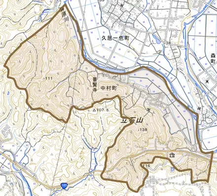 中村町とその周辺の地図。町の範囲を重ねている