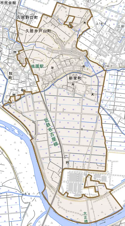 新家町とその周辺の地図。町の範囲を重ねている