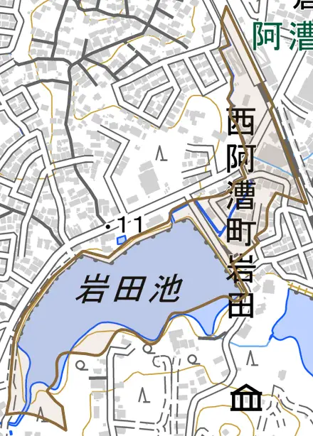 西阿漕町岩田とその周辺の地図。町の範囲を重ねている