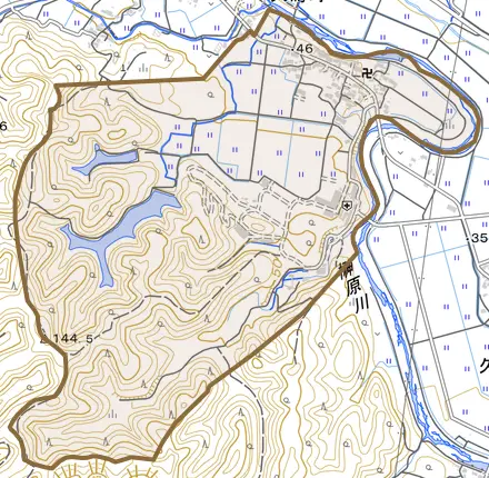大鳥町とその周辺の地図。町の範囲を重ねている