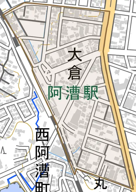 大倉とその周辺の地図。町の範囲を重ねている