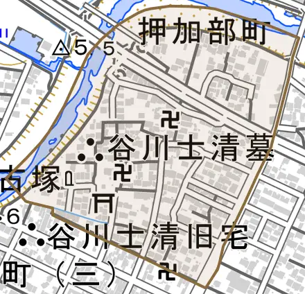 押加部町とその周辺の地図。町の範囲を重ねている
