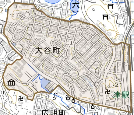 大谷町とその周辺の地図。町の範囲を重ねている