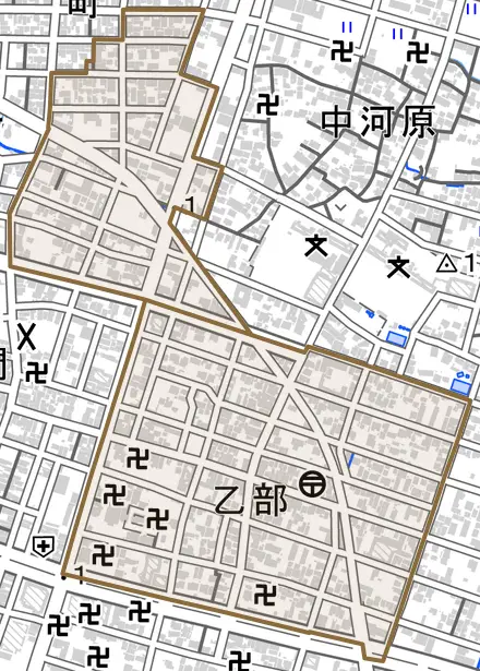 乙部とその周辺の地図。町の範囲を重ねている
