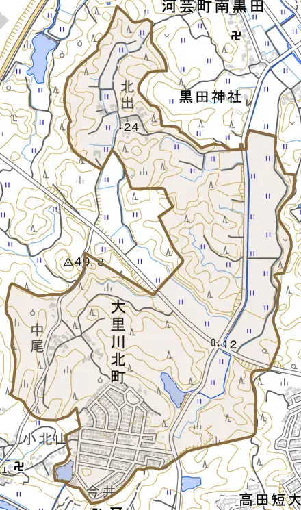大里川北町とその周辺の地図。町の範囲を重ねている
