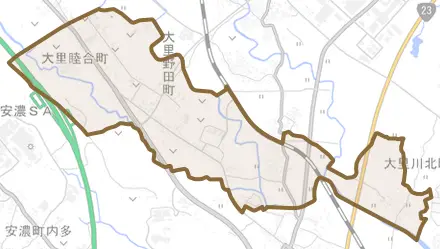 大里睦合町とその周辺の地図。町の範囲を重ねている