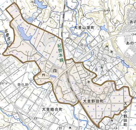 大里野田町とその周辺の地図。町の範囲を重ねている