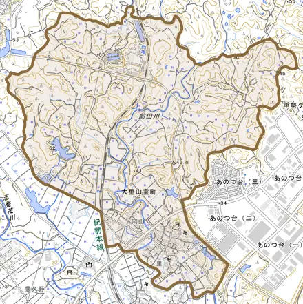 大里山室町とその周辺の地図。町の範囲を重ねている