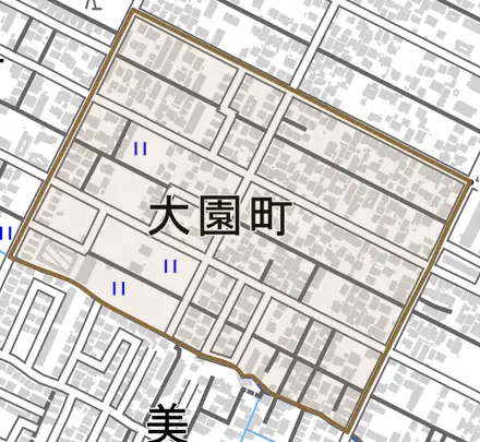 大園町とその周辺の地図。町の範囲を重ねている