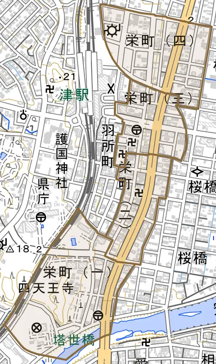 栄町とその周辺の地図。町の範囲を重ねている