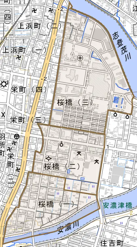 桜橋とその周辺の地図。町の範囲を重ねている