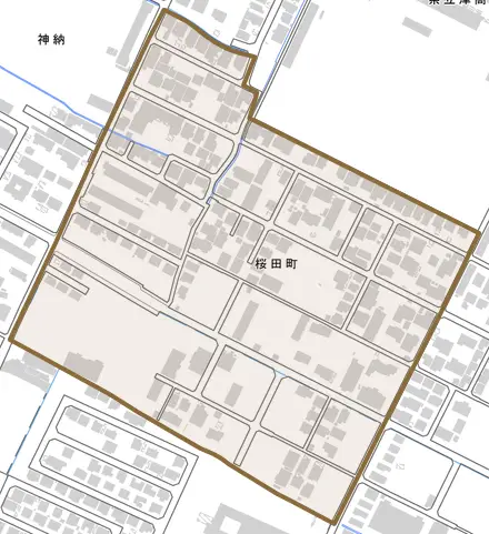 桜田町とその周辺の地図。町の範囲を重ねている